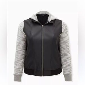 Torrid Black Faux Leather & Marled Grey Terry Bomber Jacket